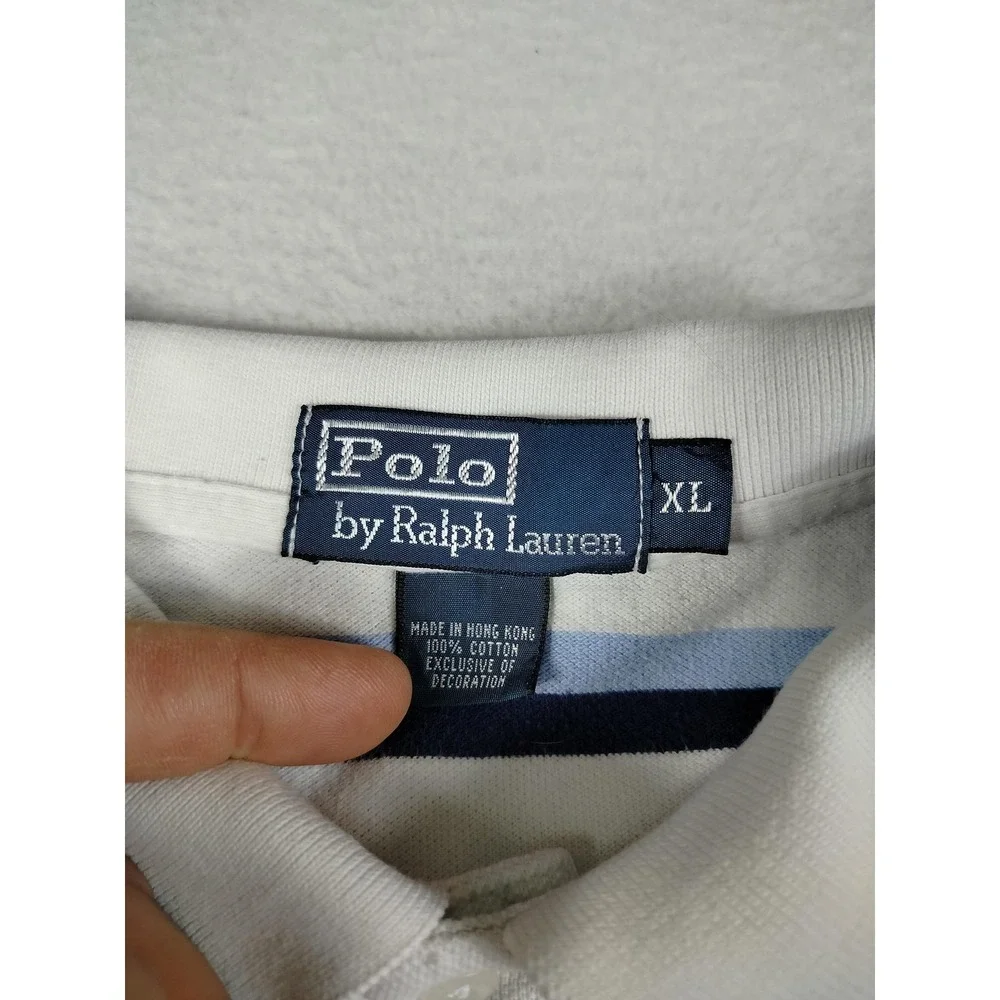 Vintage‎ Polo Ralph Lauren Shirt Mens XL White Blue Striped Pony Preppy Casual